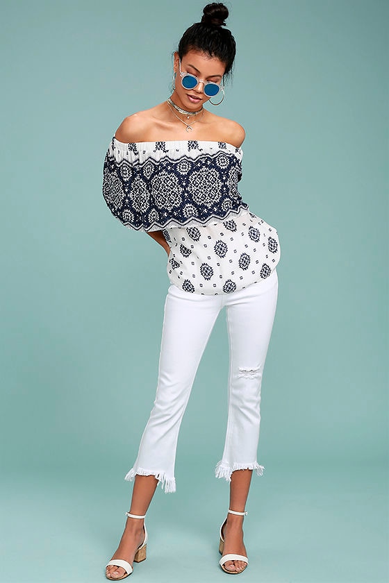 Tripoli Blue and White Print Off-the-Shoulder Top 2