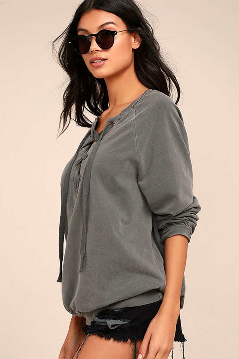 Project Social T Slave to Love Charcoal Grey Lace-Up Sweater