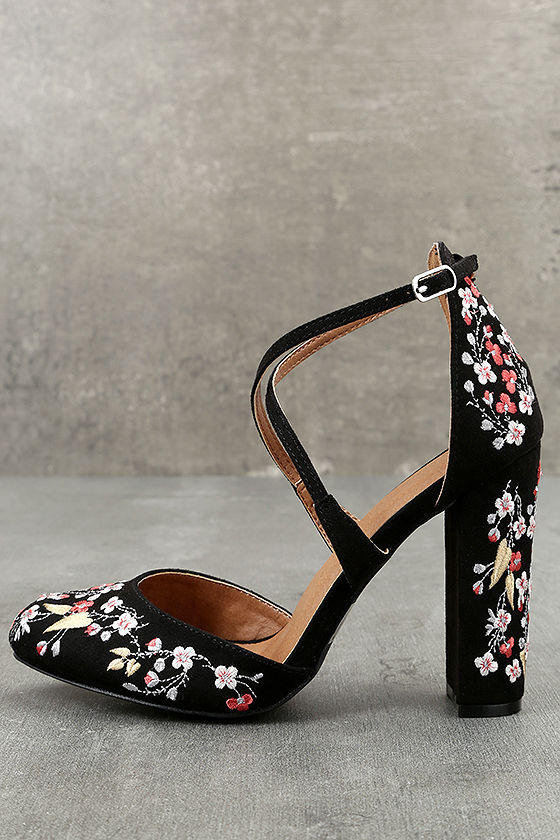 Lottie Black Embroidered Ankle Strap Heels 1