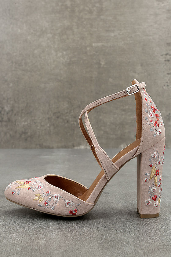 Lottie Nude Embroidered Ankle Strap Heels