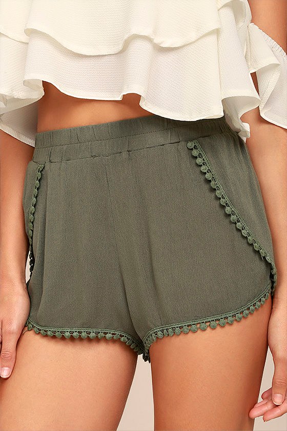 Olive Green Embroidered Shorts - Tulip Shorts -Pompom Shorts - Lulus