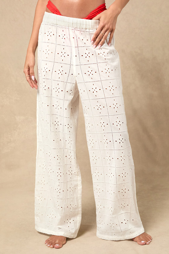 Eyelet Crush White Embroidered Swim Cover-Up Pants 4