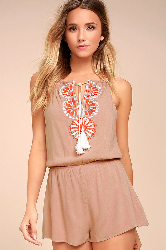 Fun Embroidered Romper Blush Pink Romper White and Orange