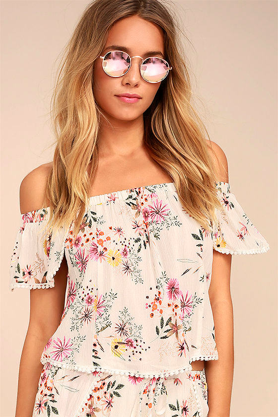 Glad Tidings White Floral Print Off-the-Shoulder Crop Top 1