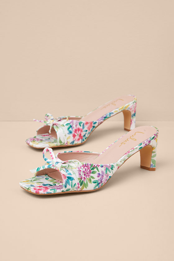 Gilzean White Multi Floral Satin Bow High Heel Slide Sandals 8