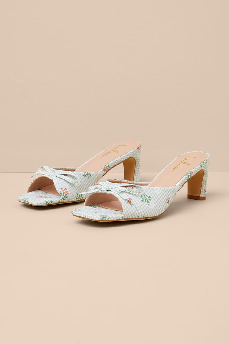 Gilzean Green Gingham Bow High Heel Slide Sandals
