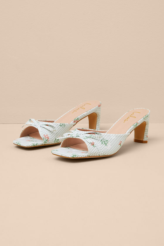 Gilzean Green Gingham Bow High Heel Slide Sandals 1