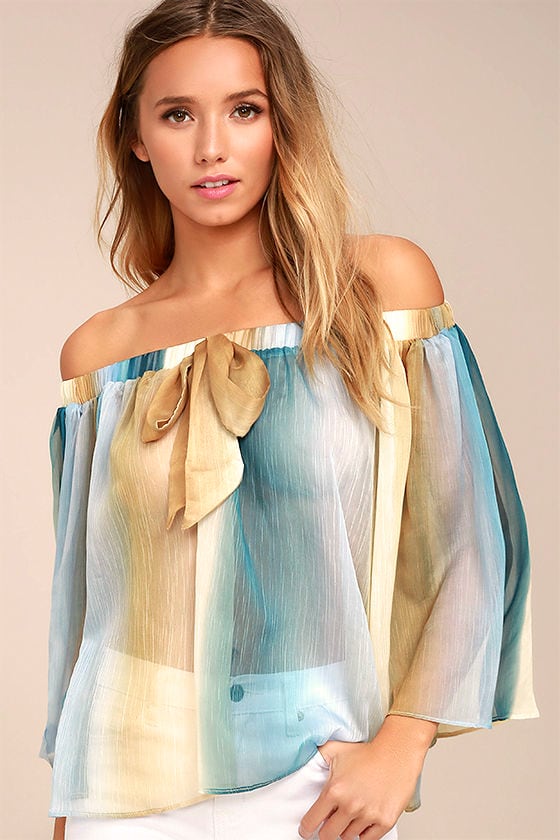 Night in Paradise Blue and Yellow Striped Off-the-Shoulder Top