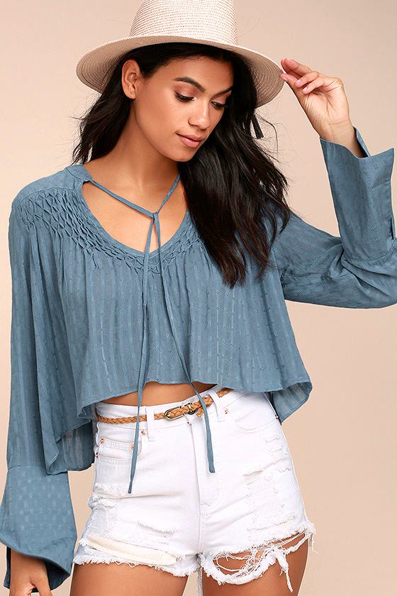 Lombard Street Denim Blue Long Sleeve Crop Top 1