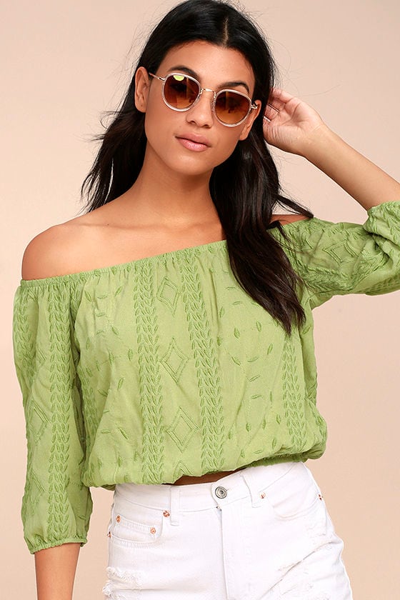 Jamboree Sage Green Embroidered Off-the-Shoulder Crop Top