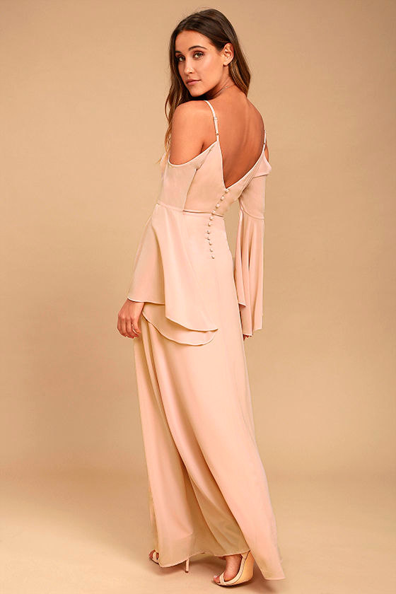 blush off the shoulder maxi dress