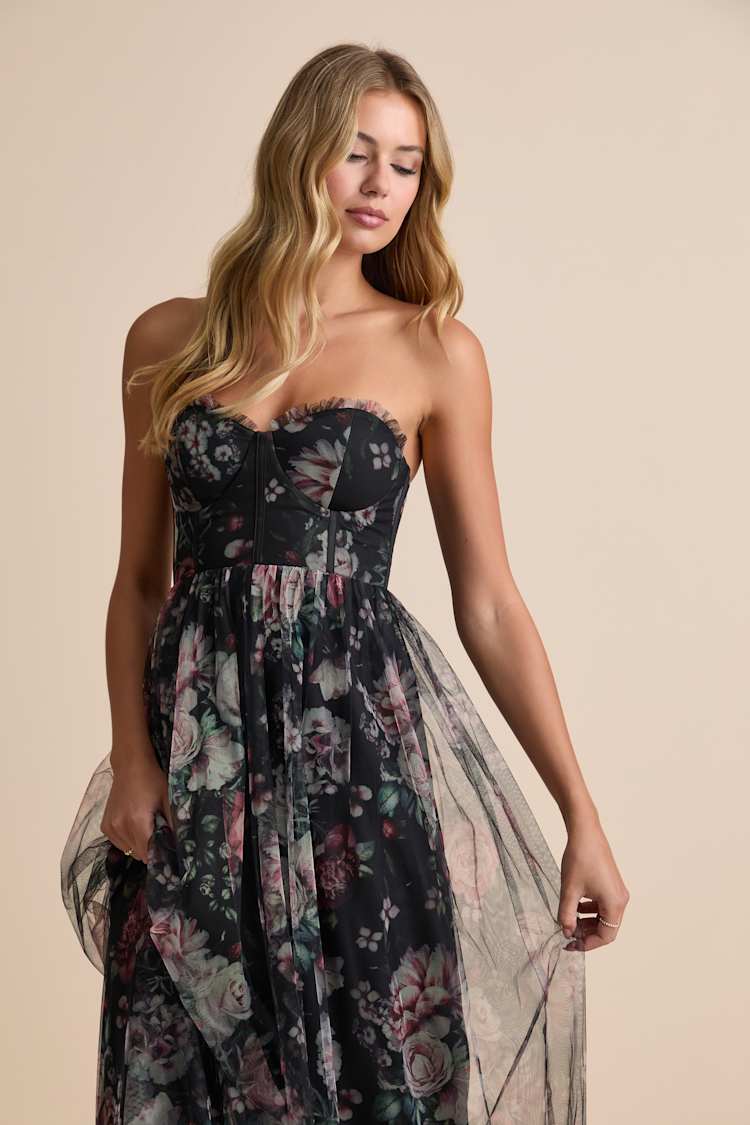 black floral mesh dress Black Sheer Floral Mesh Backless Maxi Dress – Selene Dress main image 0