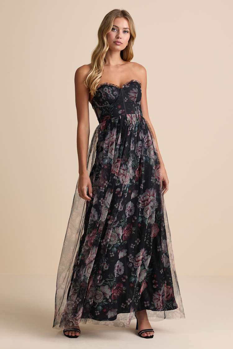 Stately Entrance Black Floral Mesh Strapless Maxi Dress