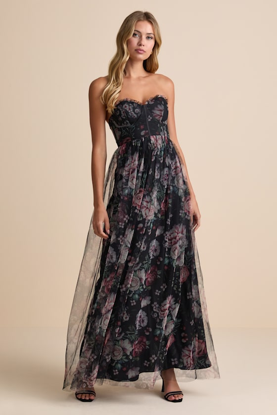 Stately Entrance Black Floral Mesh Strapless Maxi Dress 2