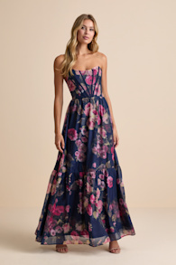 Roane Navy Floral Organza Bustier Maxi Dress 2