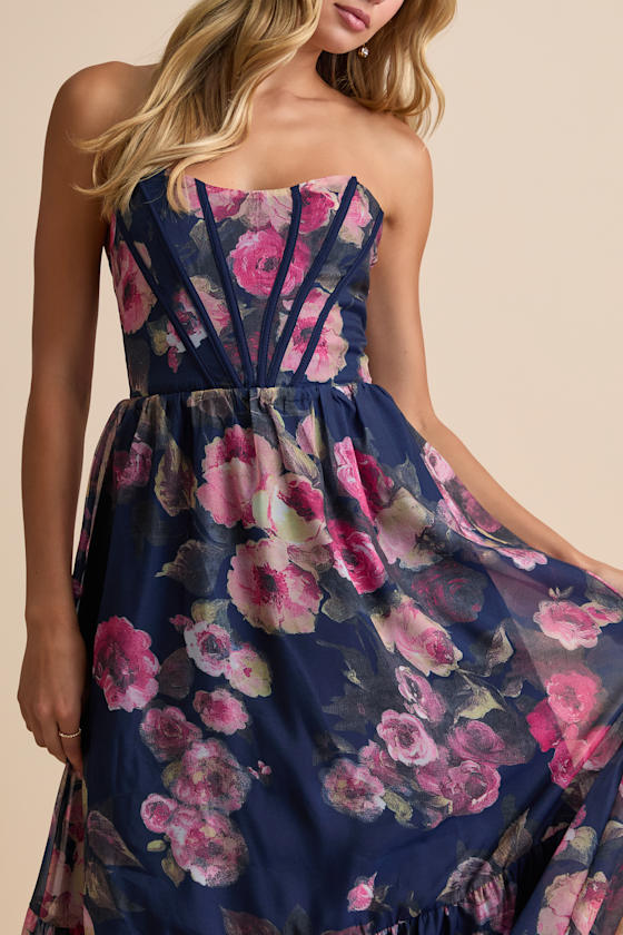 Roane Navy Floral Organza Bustier Maxi Dress 3