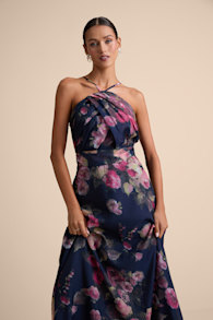 Farris Navy Floral Organza Halter Maxi Dress 1