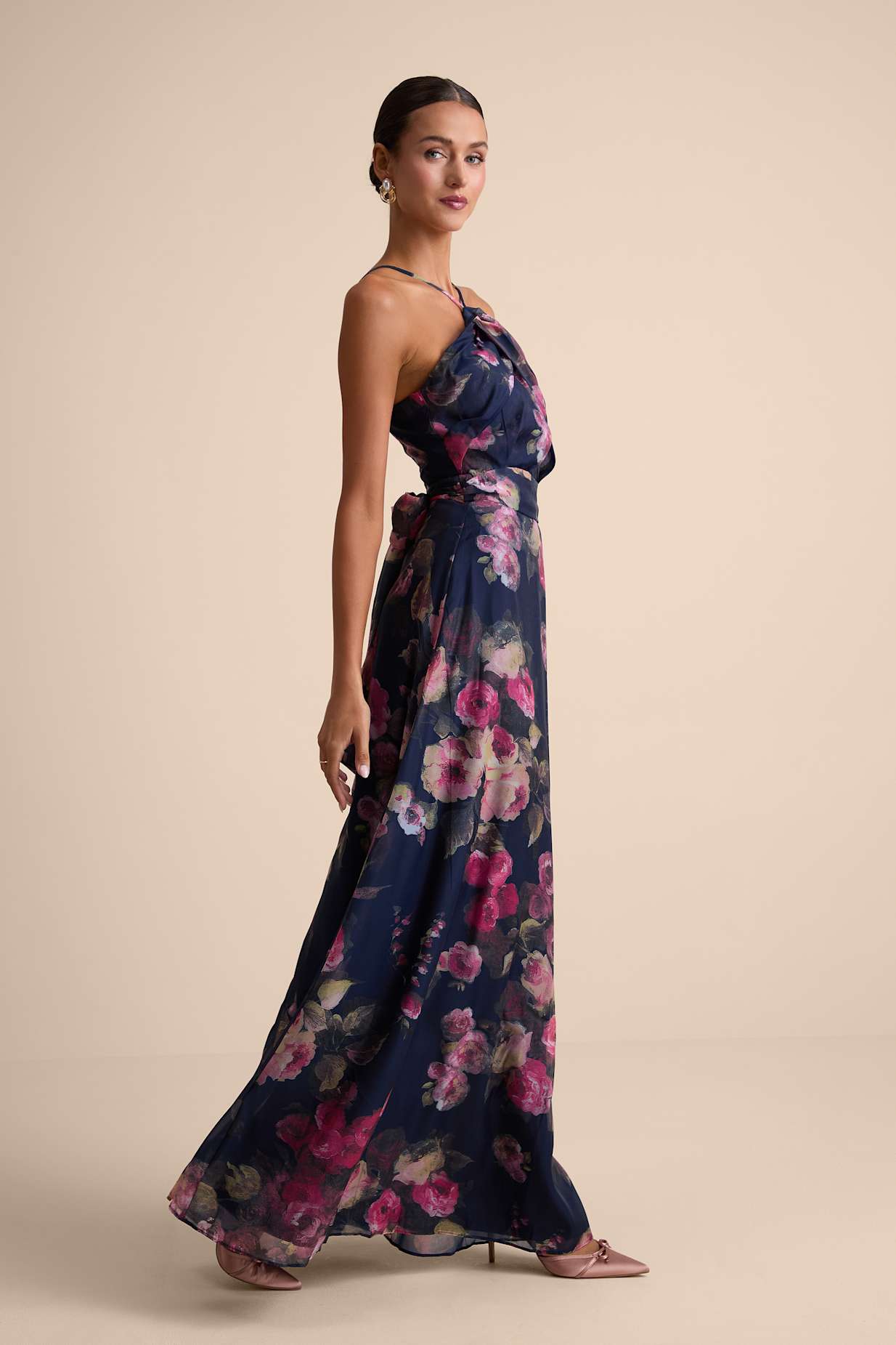 Farris Navy Floral Organza Halter Maxi Dress