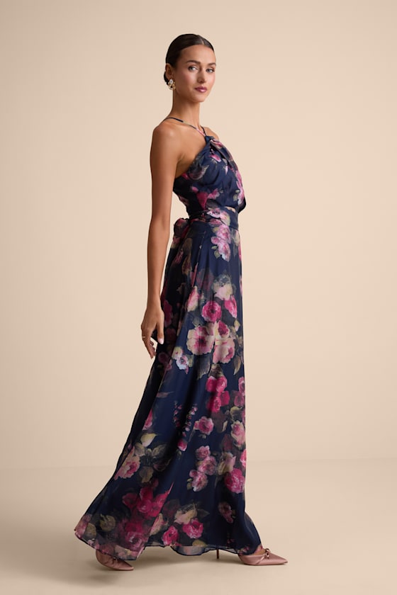 Farris Navy Floral Organza Halter Maxi Dress 2