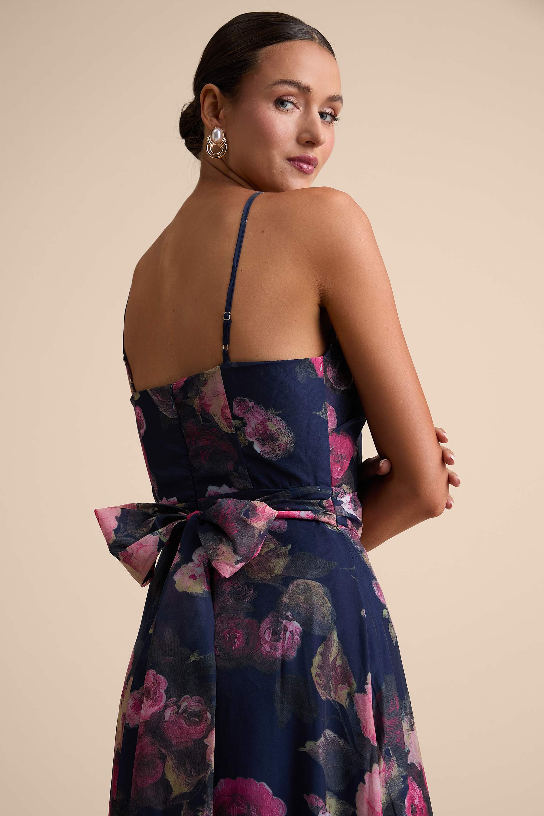 Farris Navy Floral Organza Halter Maxi Dress