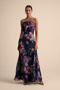 Farris Navy Floral Organza Halter Maxi Dress 5