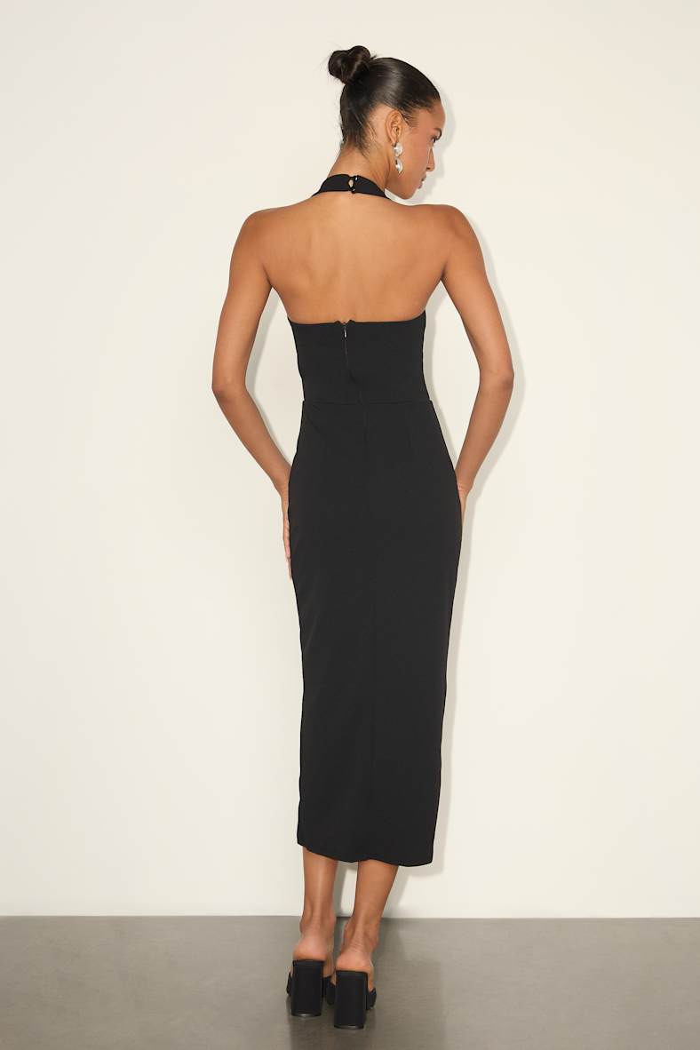Intriguing Luxury Black Asymmetrical Halter Midi Dress