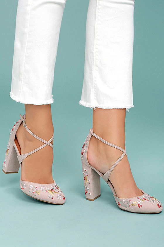 Embroidered Heels - Ankle Strap Heels 