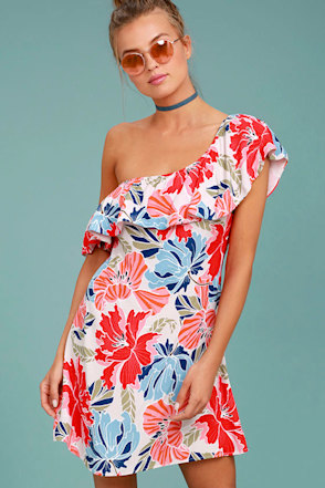 red and white floral off the shoulder dress Vivid Eden Women's White Floral Red Print Long-Sleeved Dress,Autumn Boho Vacation Holiday One-Shoulder Neckline Flowing Evening Dress For Christmas Party Date
