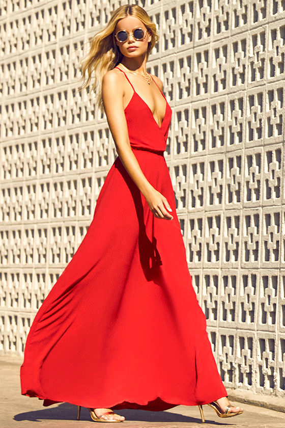 Red Shiny Backless Maxi Dress