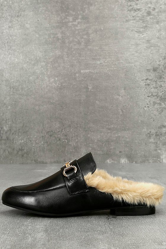 black faux fur loafer slides