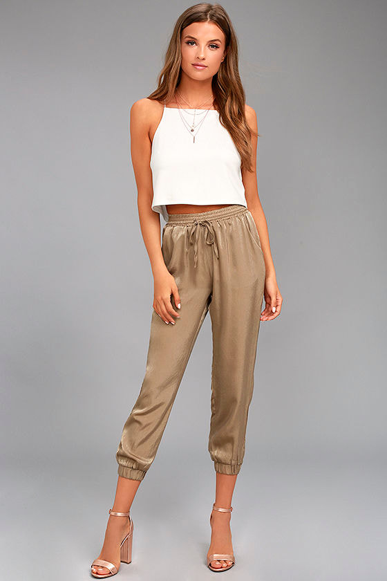 Smooth Moves Taupe Satin Jogger Pants