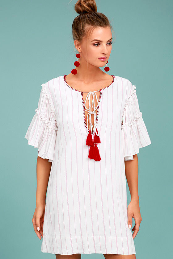 Moon River Johnny Red and White Striped Shift Dress