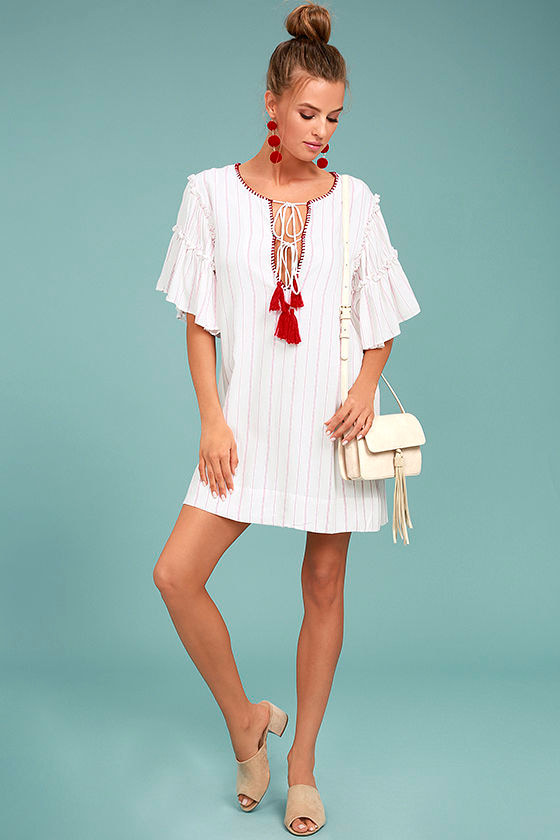 Moon River Johnny Red and White Striped Shift Dress