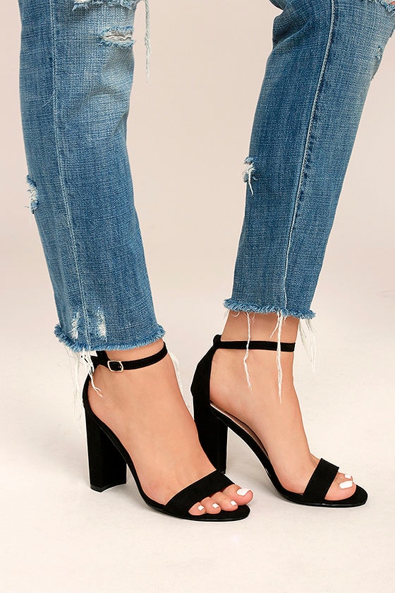 chunky black heels with ankle strap