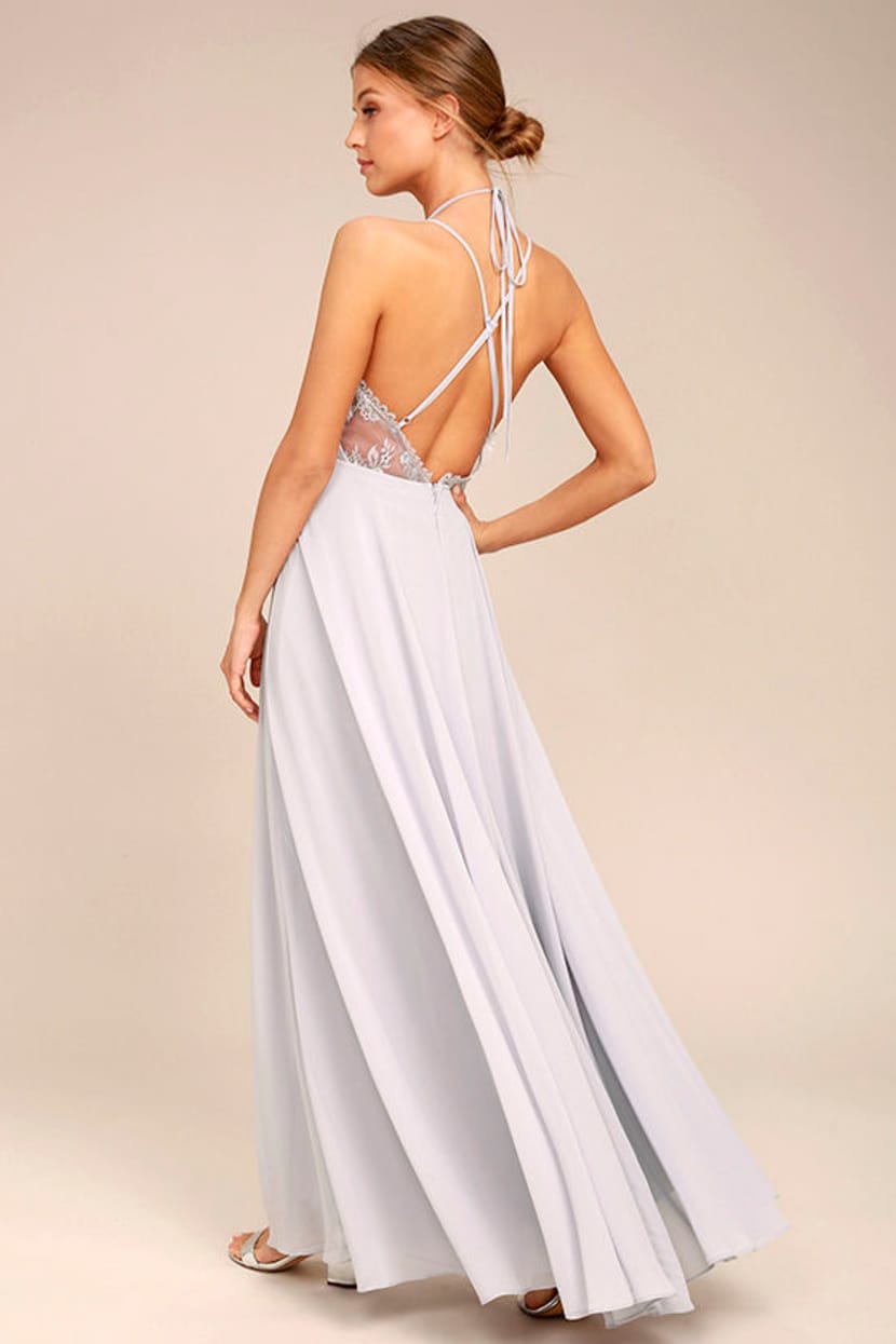 grey lace maxi dress Sultry Scalloped Trim Lace Plunge Dress