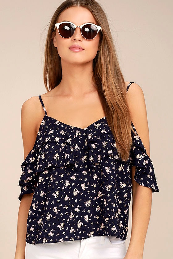 Story of a Girl Midnight Blue Floral Print Crop Top