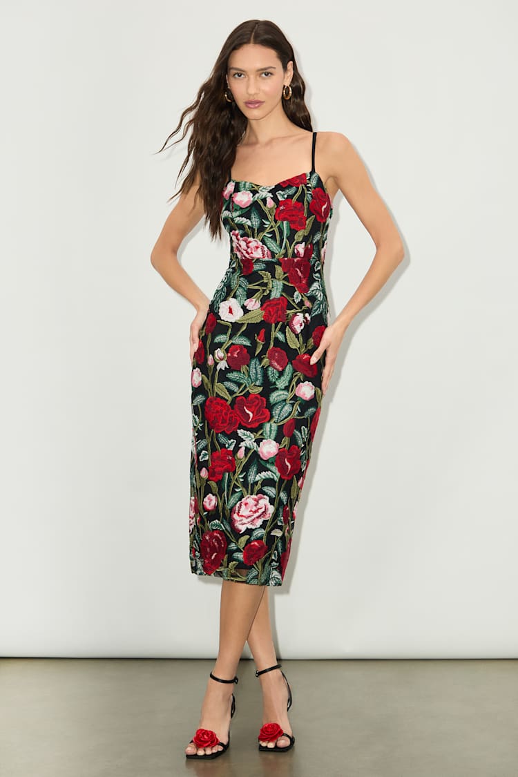 Notorious Refinement Black Multi Embroidered Lace-Up Midi Dress