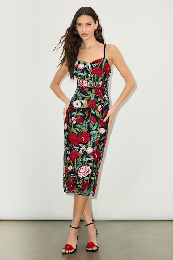 Notorious Refinement Black Multi Embroidered Lace-Up Midi Dress 3