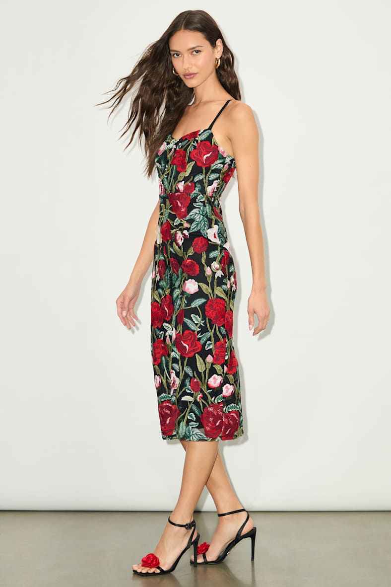 Notorious Refinement Black Multi Embroidered Lace-Up Midi Dress