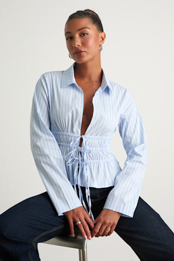 Polished Essence Blue Striped Collared Tie-Front Top 1