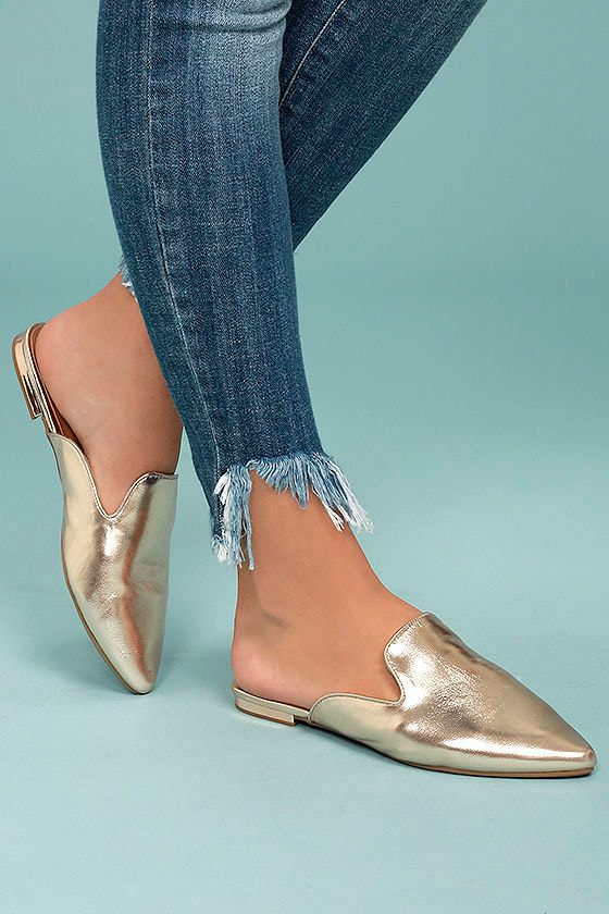 Trendy Gold Loafer Slides - Vegan Leather Loafers - Metallic Loafers ...