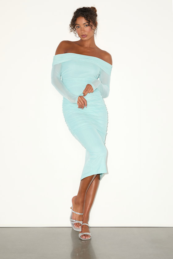Aqua Blue Midi Dress - Mesh Ruched Dress - Off-the-Shoulder Dress