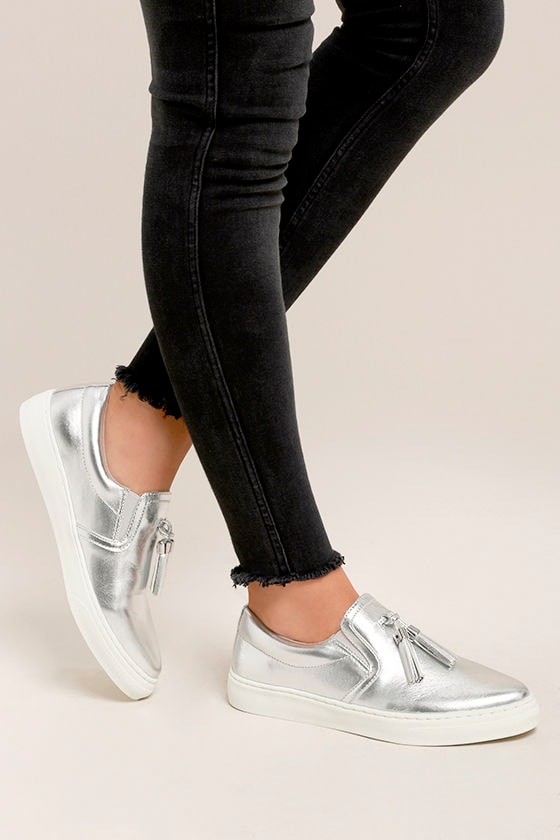 sperry silver slip on sneakers