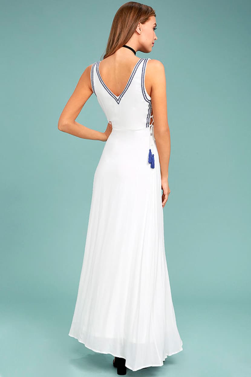 Boho White Maxi Dress - Embroidered Maxi Dress - Lace-Up Maxi Dress -  $78.00