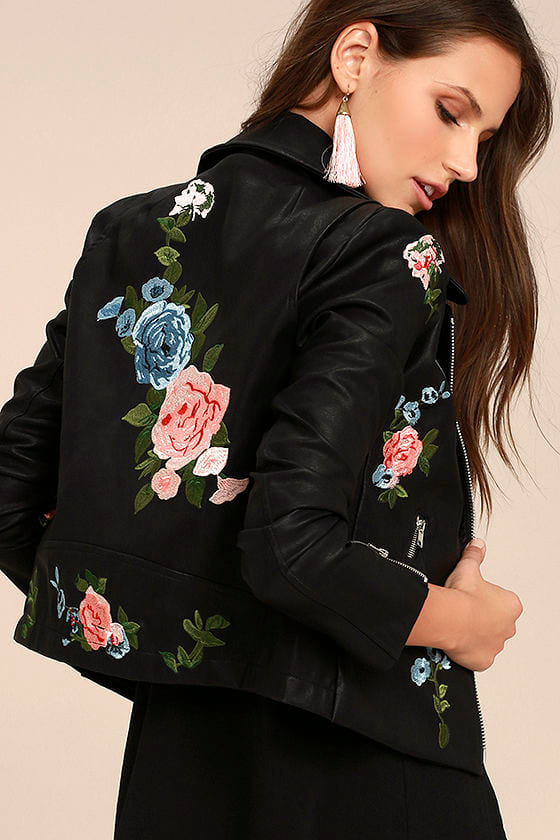 Chic Black Jacket - Vegan Leather Jacket - Embroidered Jacket - Moto ...