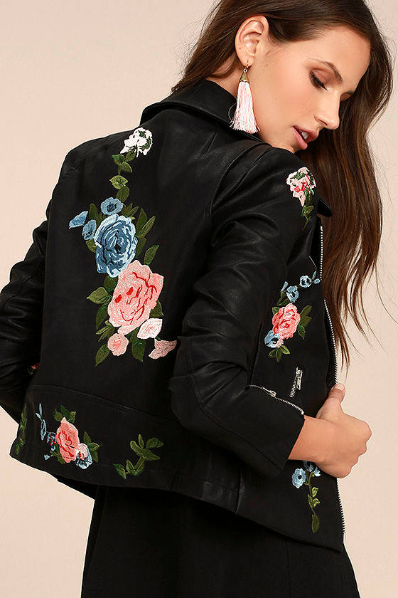 Walk My Way Black Embroidered Vegan Leather Moto Jacket 1