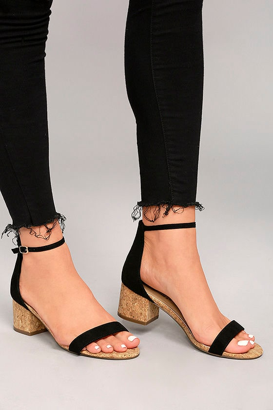 June Black Cork Ankle Strap Heels 2