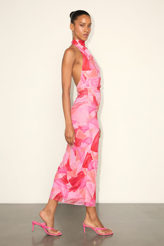 Pink Abstract Print Dress - Mock Neck Halter Dress - Mesh Midi - Image 2