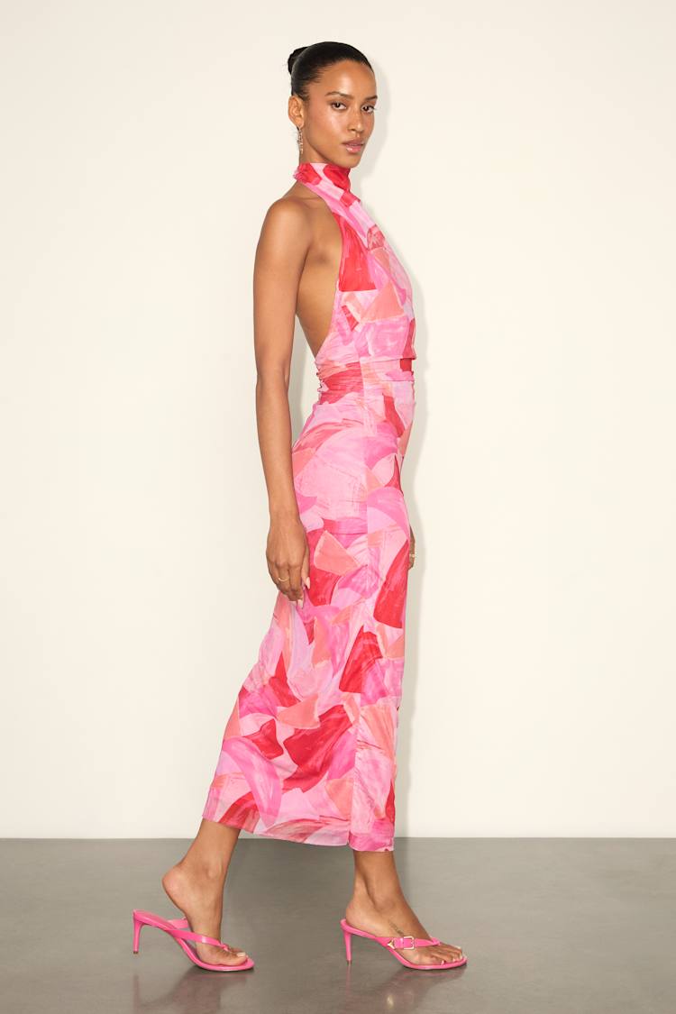 Idyllic in Ibiza Pink Abstract Print Mock Neck Halter Midi Dress