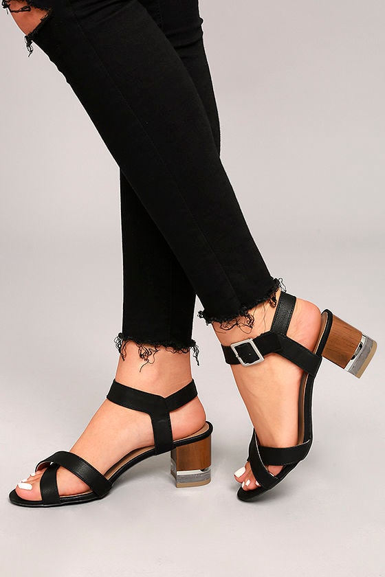 Trendy Lucite Heel Sandals Black High Heel Sandals Vegan Leather 